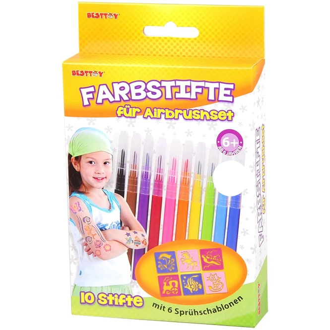 Besttoy Nachfüllfarbstifte Für Die Airbrush-Tattoo-Station, 10 Stück, Inkl. 6 Schablonen – Bild 2